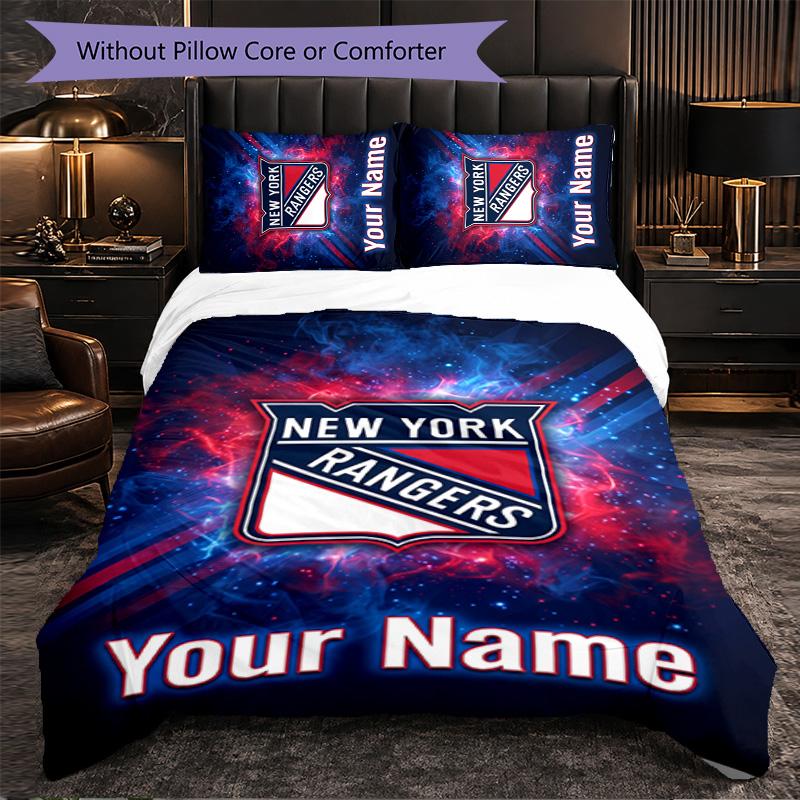 New York Rangers Customized Name Text Bedding Set, 1 Duvet Cover & 2 Pillowcases Personalized Bedroom Gift