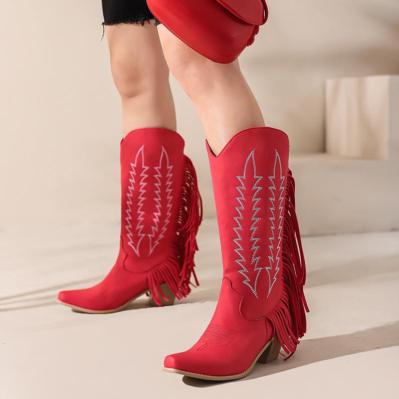 Western Martin boots medium tube but knee European and American style women's boots fringed thick heel large size women's shoes - size