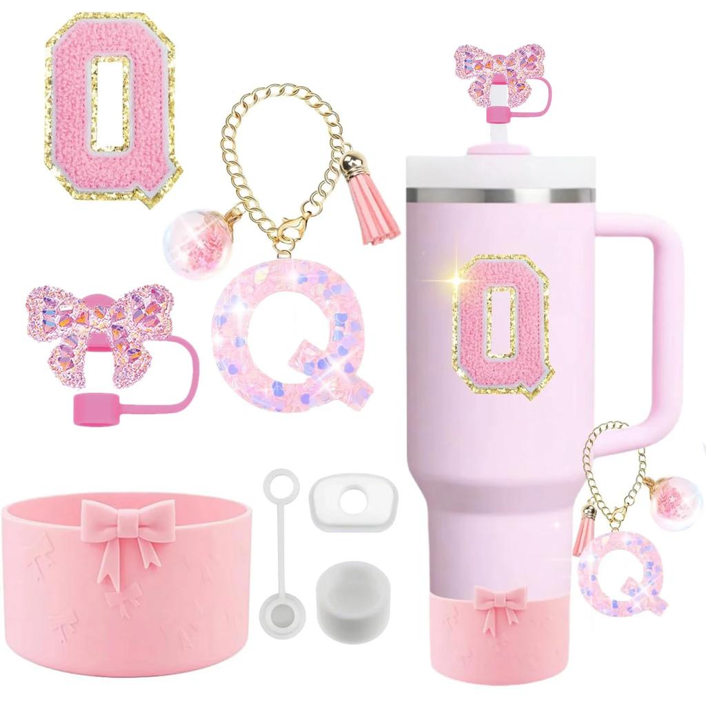 7PCS Pink Accessories for Stanley Cup 30/40 Oz Tumbler with Handle Bow Straw Topper Cover Cap Boot Initials Charm Letter Sticker