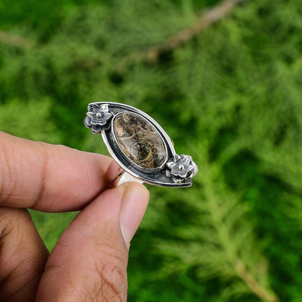 Natural Turritella Agate Statement Flower Adjustable Ring 925 Silver