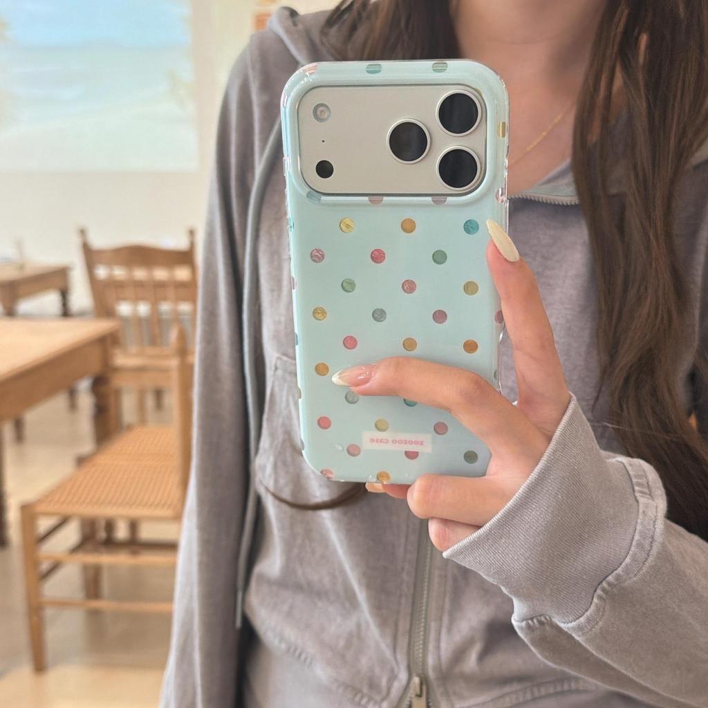 iPhone 16 Pro Max Case: Blue, Colorful Polka Dots, Drop-Proof Silicone, Apple 15/14 Compatible, Cute Design