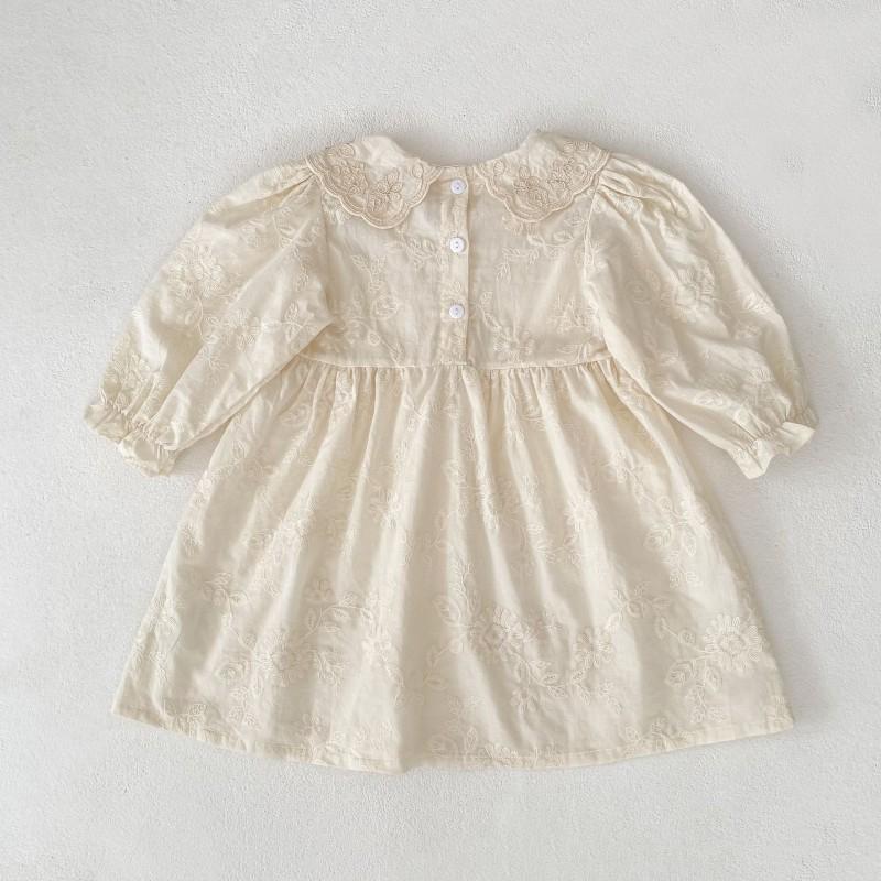 Girls Long Sleeve Dress Kids Fashionable Turn-down Collar Embroidered Princess