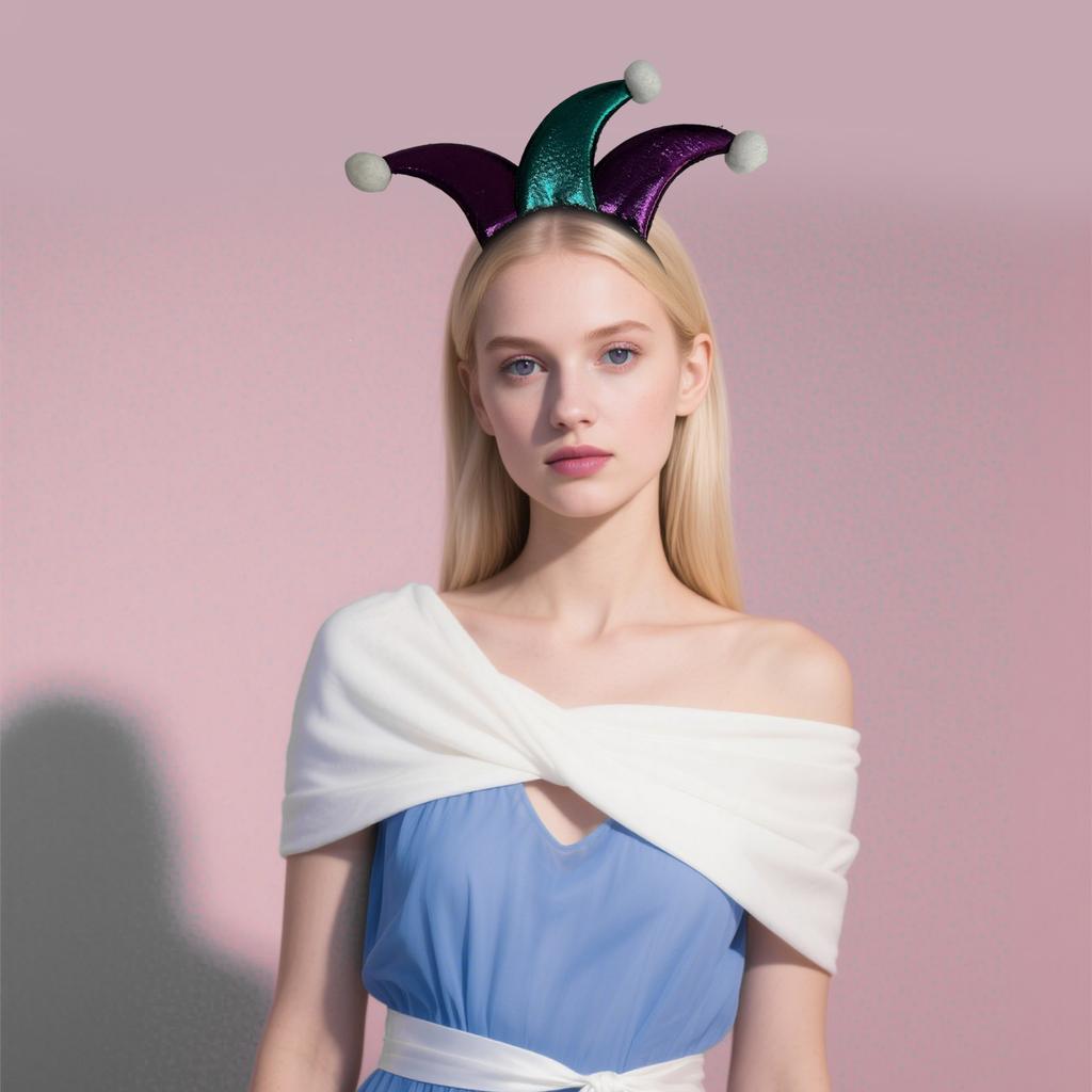 Регулируемый головной убор в стиле клоуна, фиолетовая блестящая ткань, отделка помпонами, аксессуар для волос для костюма на вечеринку