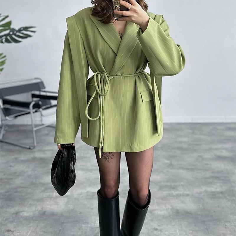Женский блейзер с лацканами, завязывающимся поясом, пиджак, свободная повседневная и офисная куртка 2025 весна/лето, тонкое пальто с длинным рукавом