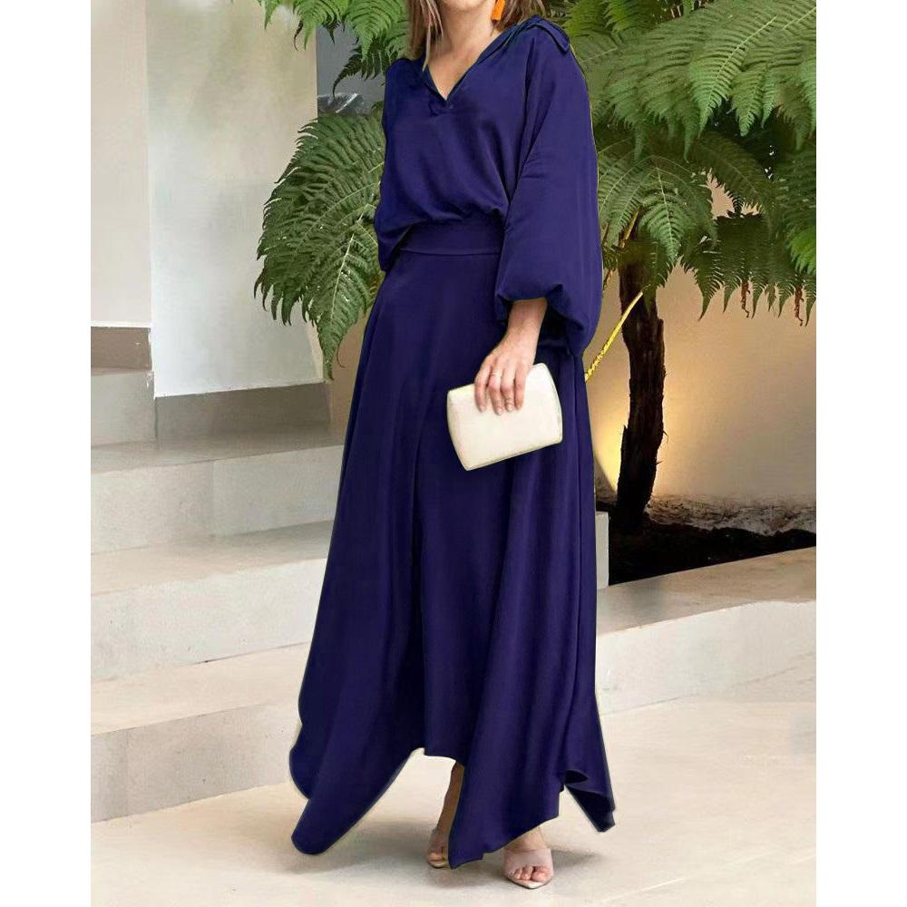 Женский летний свободный комплект из двух предметов большого размера, однотонный топ с длинными рукавами и юбкой средней длины с высокой талией