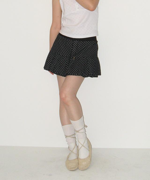 Ronron Pleats Banding Mini Skirt Dot Black