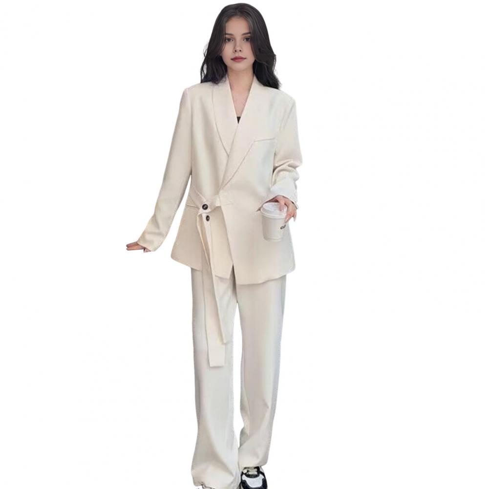 2 Pcs/Set Lady Formal Coat Pants Set Long Sleeves Button Strap Closure V Neck Cardigan Mid Length Jacket Straight High Waist Tro