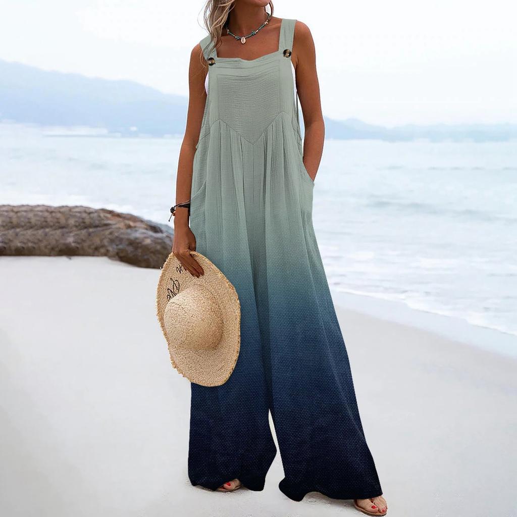 Женские комбинезоны, повседневные комбинезоны с широкими штанинами и принтом, комбинезоны без рукавов с карманами, наряды