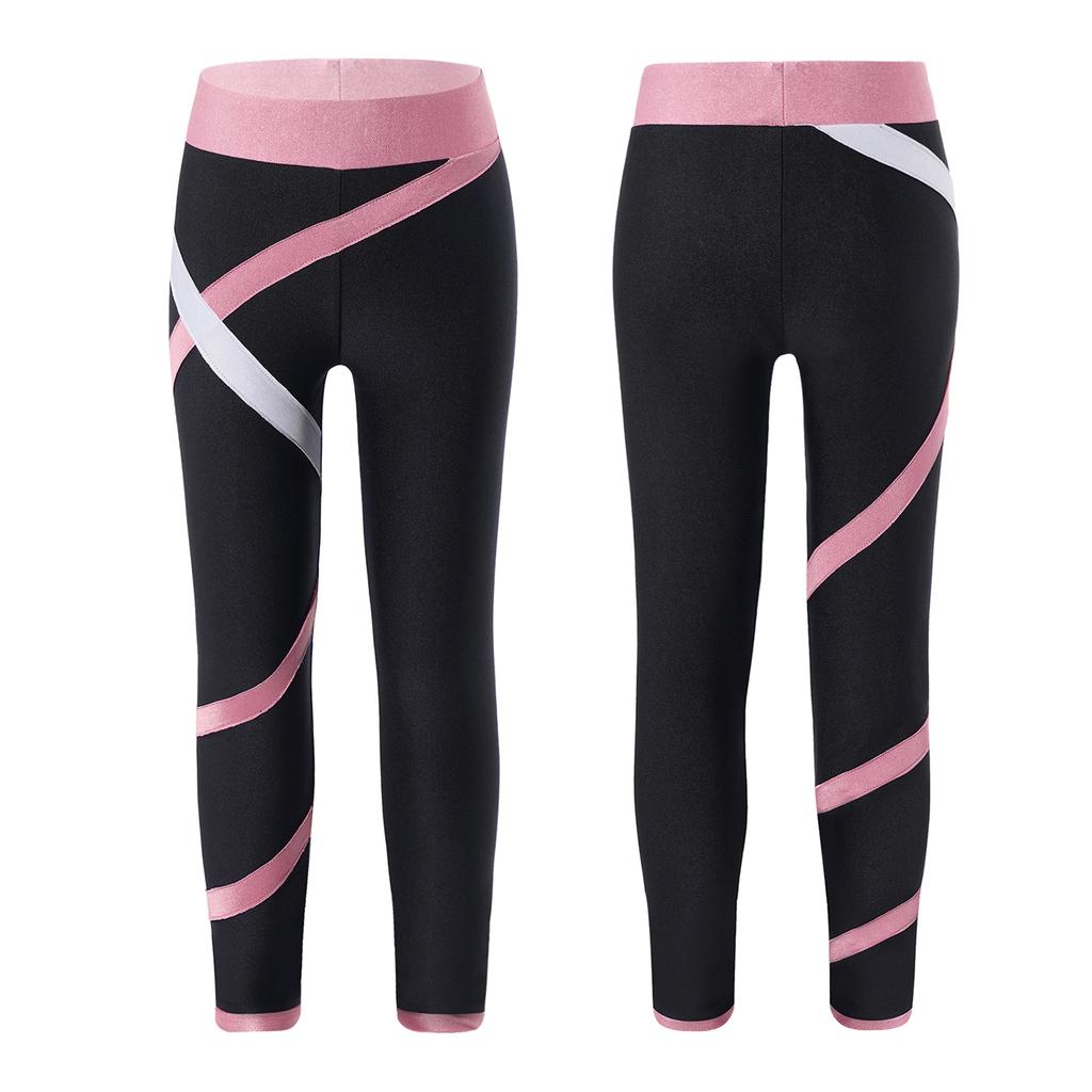 Kids Girls Sportswear Colorblock Leggings Stretchy Pants for Skating Gymnastic Yoga Workout Fitness