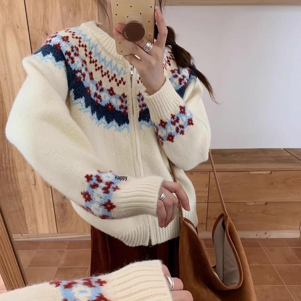 Женский ретро кардиган на молнии с узором Fair Isle