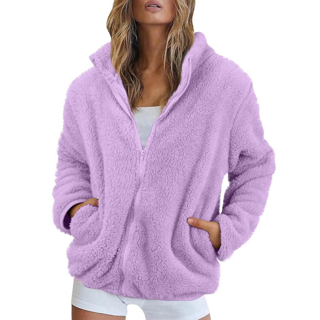 Women's Solid Color Fashionable Winter Loose High Neck Long Fleece Plush Warm Zipper Jacket
