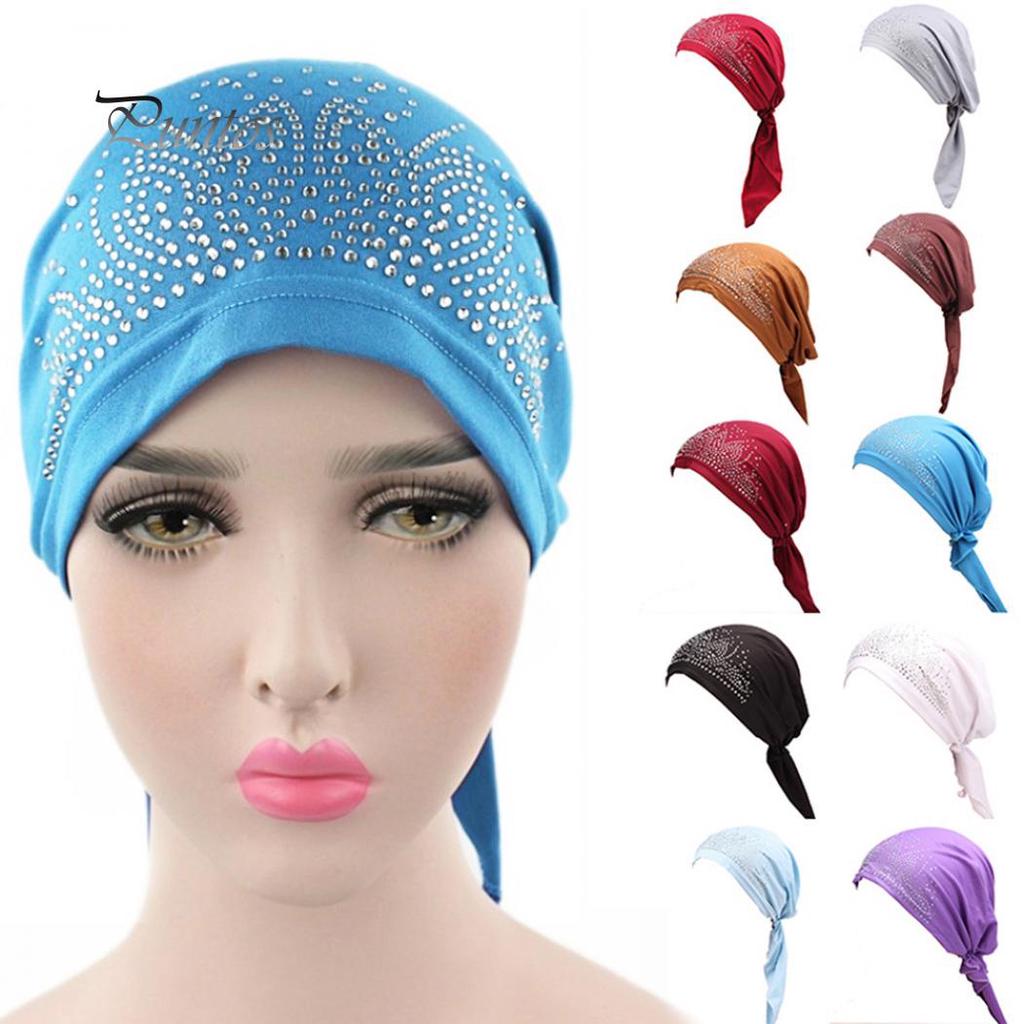 Cute Lady Rhinestone Muslim Turban Hat Chemo Cap Hair Loss Hijab Cap Cover EMA
