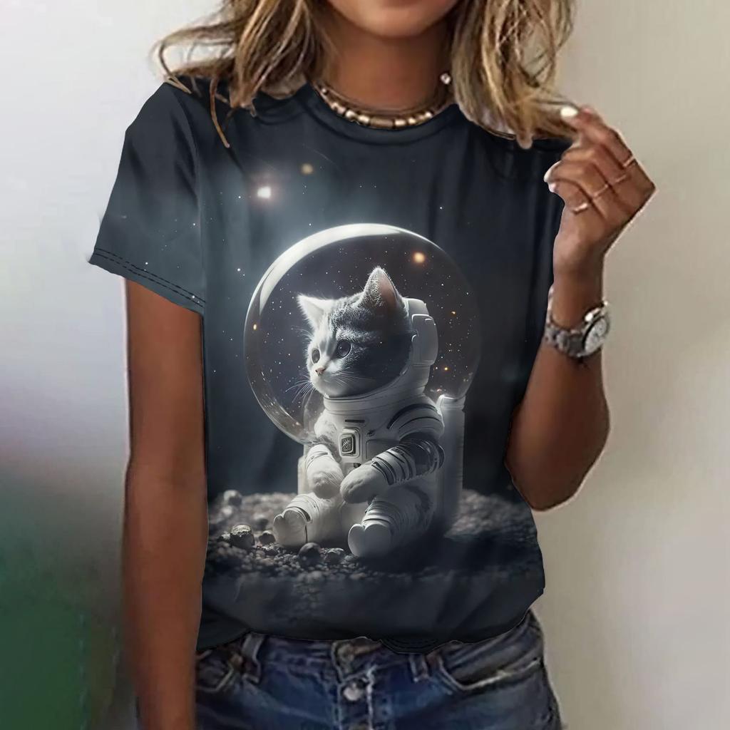 Fun Animal Pattern Women's T-shirt Cat Print Casual Short Sleeved Top