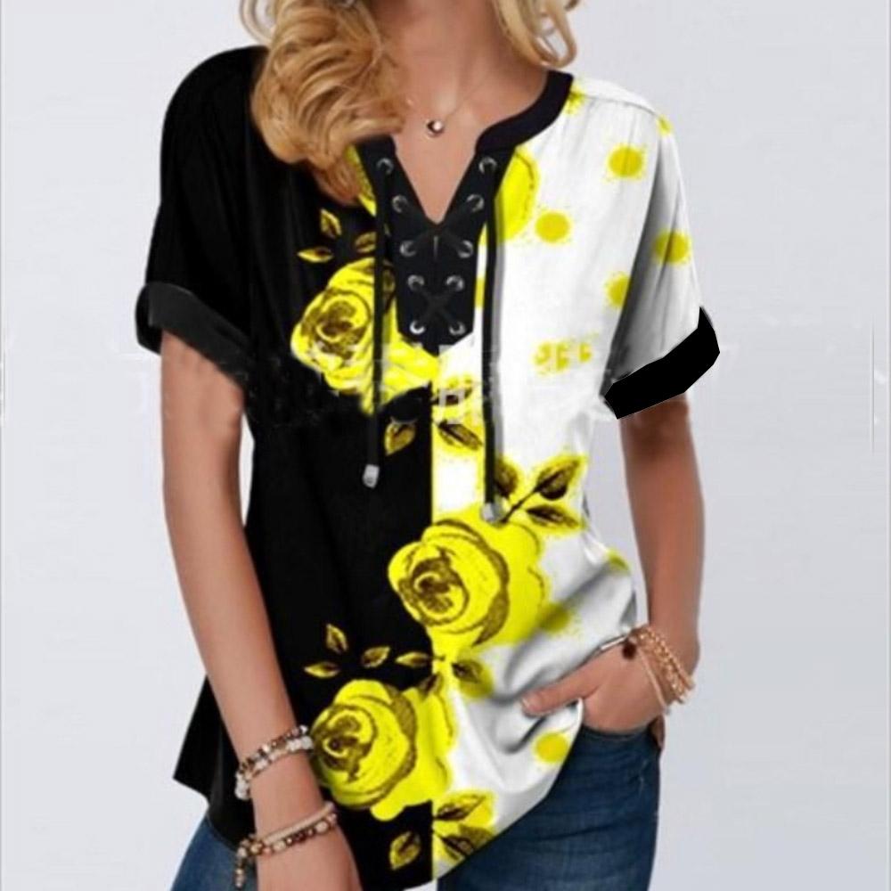 Женская футболка с цветочным принтом и коротким рукавом, повязка с крестом и v-образным вырезом, свободная футболка, женские топы больших размеров, летние футболки, одежда