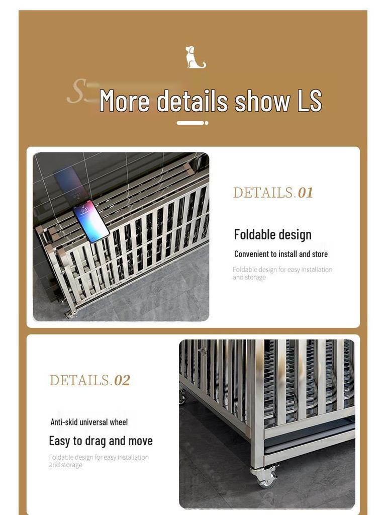 Stainless Steel Medium Folding Dog Cage with Toilet for Indoor Use - Suitable for Border Collies, Golden Retrievers, and Medium-Large Dogs.