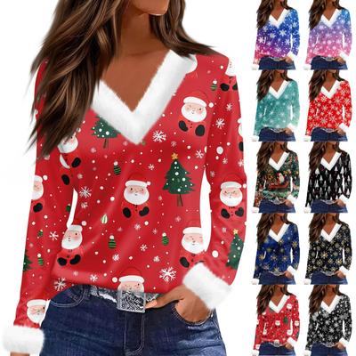 Женский модный повседневный топ с V-образным вырезом и длинными рукавами, рождественским принтом и плюшевым воротником