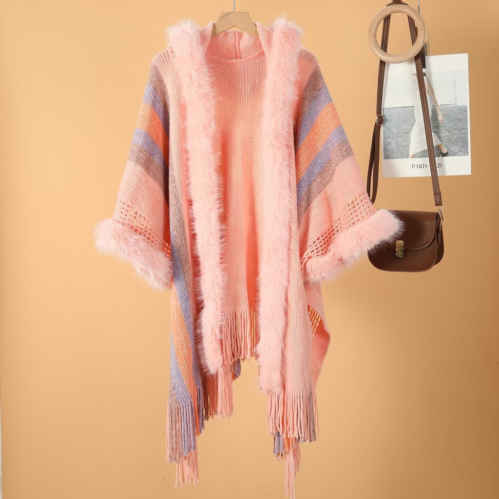 New Ethnic Style Fur Collar Hooded Knit Sweater Shawl Women's Spring and Autumn Knitted Cape Cape with Sleeves