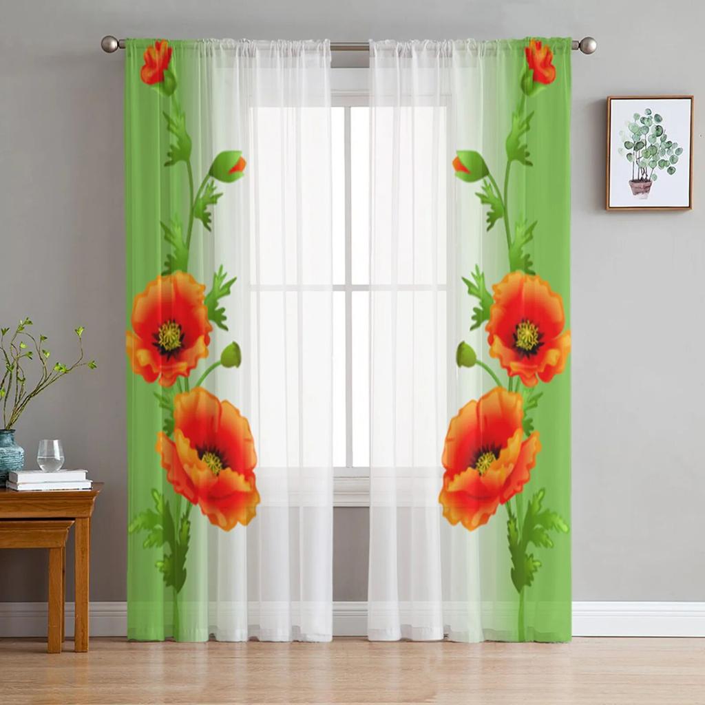 Poppies White Background Tulle Curtain For Living Room Sheer Valance Curtain For Kitchen Bedroom Window Drapes
