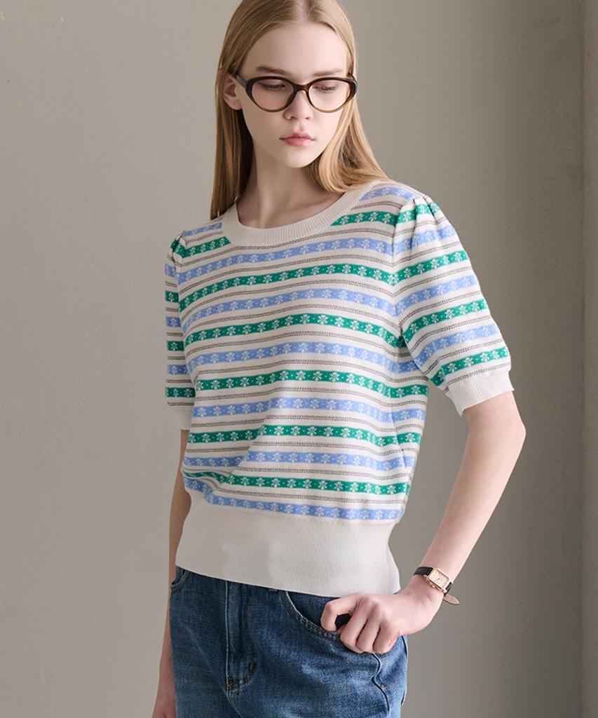 LUSIDA Jacquard Striped Short Sleeve Knit_3 Colors