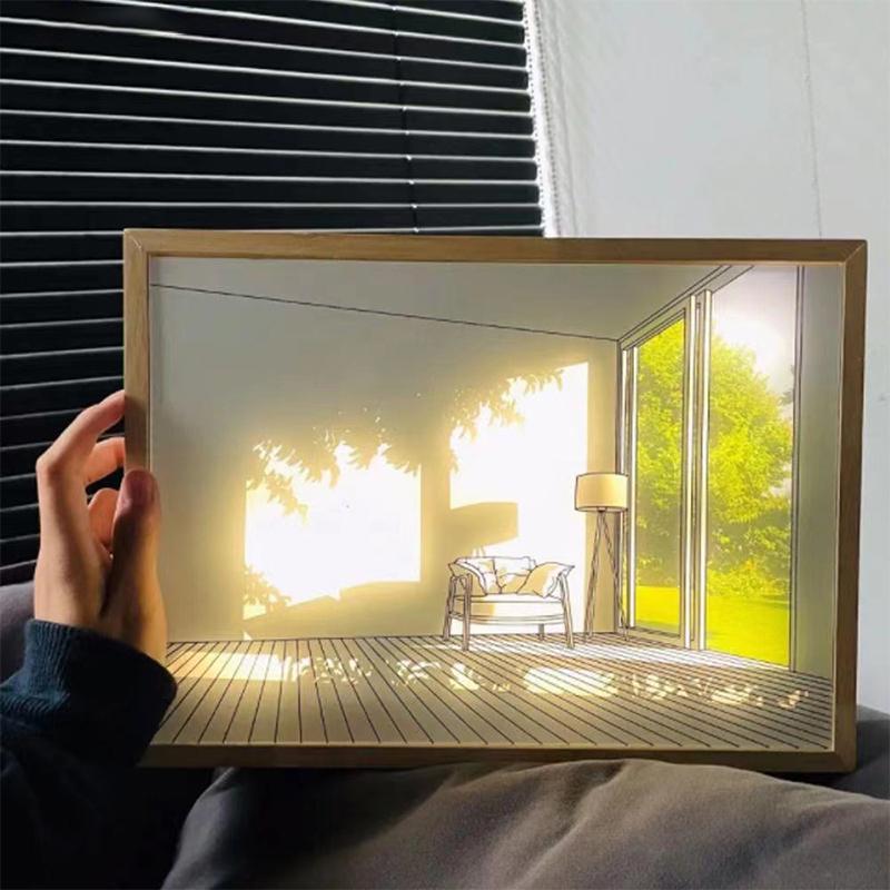 Wooden LED Light Painting Table Lamp USB Dimmable Night Light Decorative Wall Art Gift For Indoor Window Display