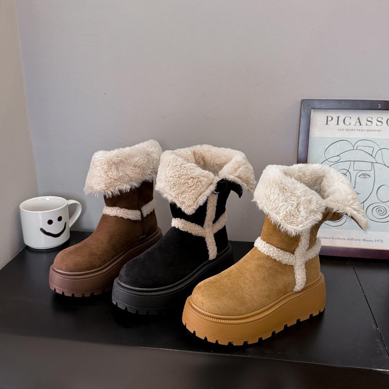 [Фанфна] Вельветовые утепленные с толстой подошвой женские сноубутсы средней высоты 2025 новые ретро модные универсальные сапоги средней высоты
