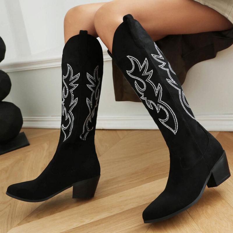 Женские винтажные белые ковбойские сапоги 2024 года, высококачественные квадратные каблуки, молния, высокие до колена, концертные женские ковбойские туфли в стиле вестерн, Botas Mujer