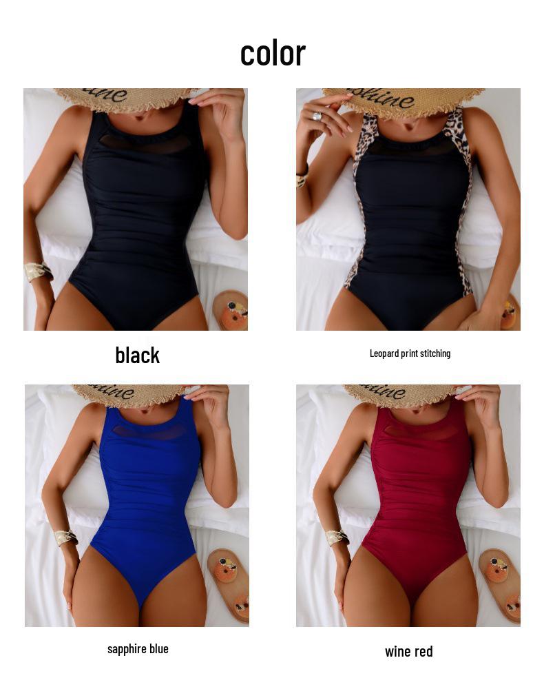 High-End Mesh Patchwork Solid Color One-Piece Swimsuit