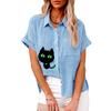 Большие размеры Женская модная льняная рубашка Лето и осень Повседневная блузка с принтом кота Женская свободная футболка с коротким рукавом на пуговицах