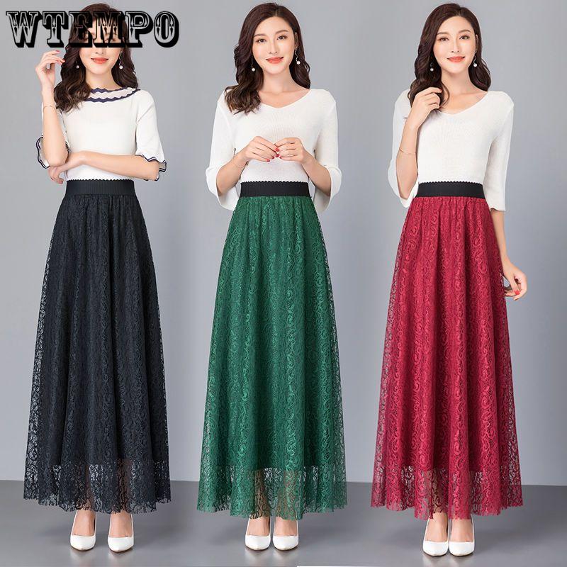 Женская весенняя элегантная кружевная эластичная полуюбка с высокой талией, темпераментная универсальная однотонная длинная юбка трапециевидной формы с большим подолом