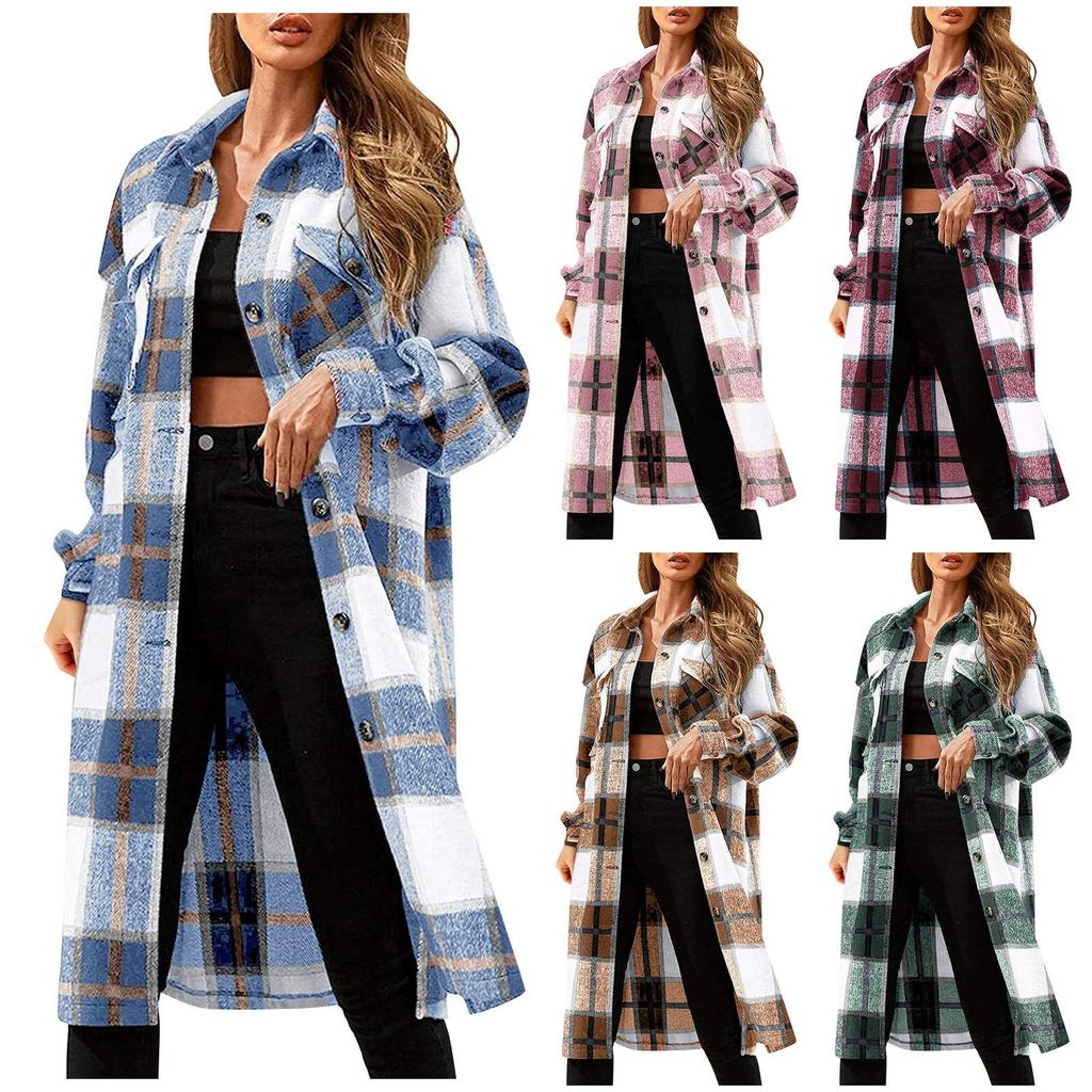 Fashion Women's Casual Loose Grinding Wool Plush Plaid Long-sleeved Jacket Overcoat