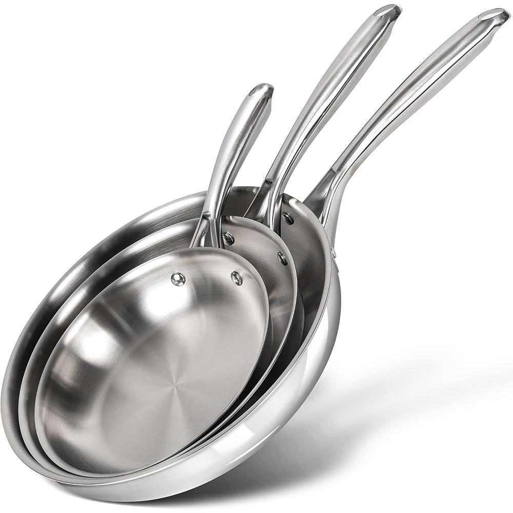 LMETJMA 3 Pcs Frying Pans 8" 9.5" 11" Stainless Steel Frying Pans Set Triply Base Cooking Pans Large Skillets Chef Chef's Pan