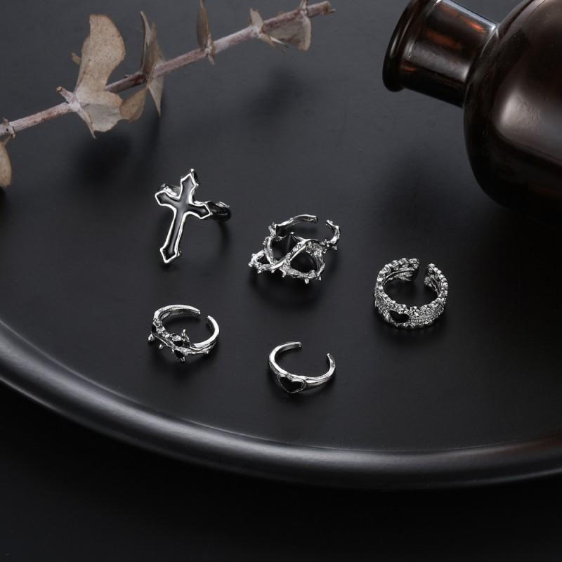 Vintage Dark Cross Heart Ring Set Women Punk Style Open Stackable Finger Rings