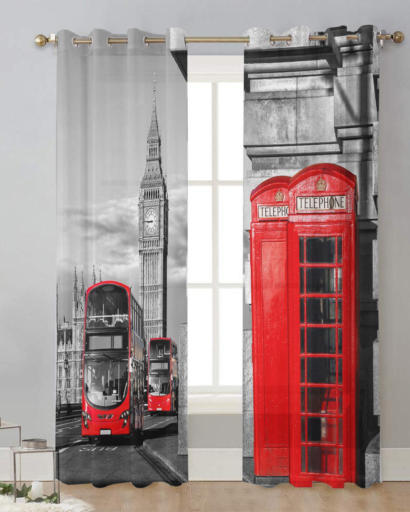 London Red Telephone Booth Bus Sheer Curtains for Living Room Decoration Window Curtains Kitchen Tulle Voile Organza Curtains
