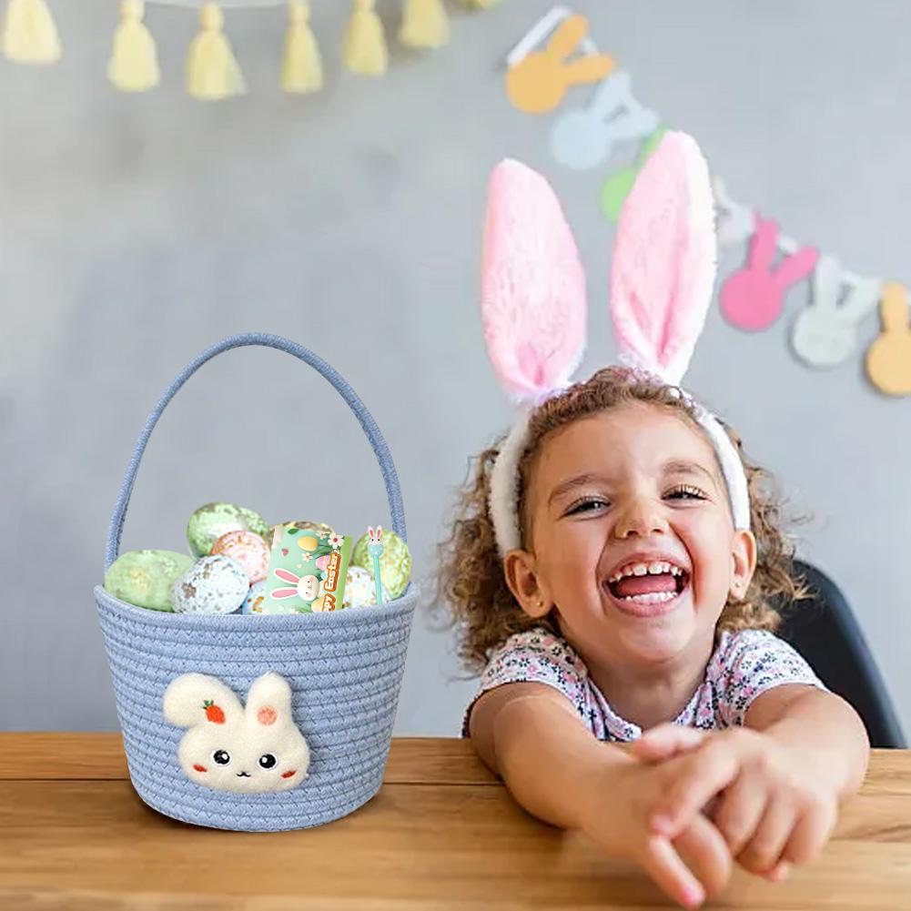 Пасхальная корзина с ручкой, подарочная корзина с кроликом, плетеная вручную, хлопковая нить, пасхальная корзина для хранения подарков, милая корзина с кроликом для детей, подарки