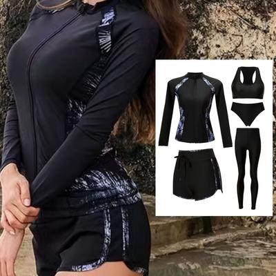 Парный солнцезащитный купальник, быстросохнущий купальный костюм, костюм для серфинга, подводного плавания и дайвинга, женский комплект из 5 предметов, топ с длинными рукавами, длинные брюки, комплект купальников