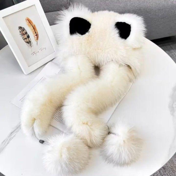 Стильная и милая шапка-ушанка, имитация плюша, большие лисьи уши, защита ушей, интегрированный шарф, утолщенная, осенне-зимняя, теплая шапка от холода