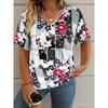 Summer V-neck 3D Retro Flower Printed Top Fashionable Casual Short Sleeved Women's T-shirts
