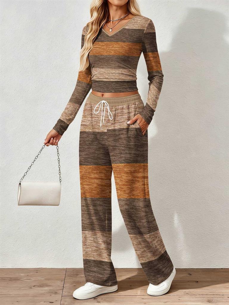 Floral pattern printed women's V-neck long-sleeved trousers set Comfortable casual versatile slim two-piece set