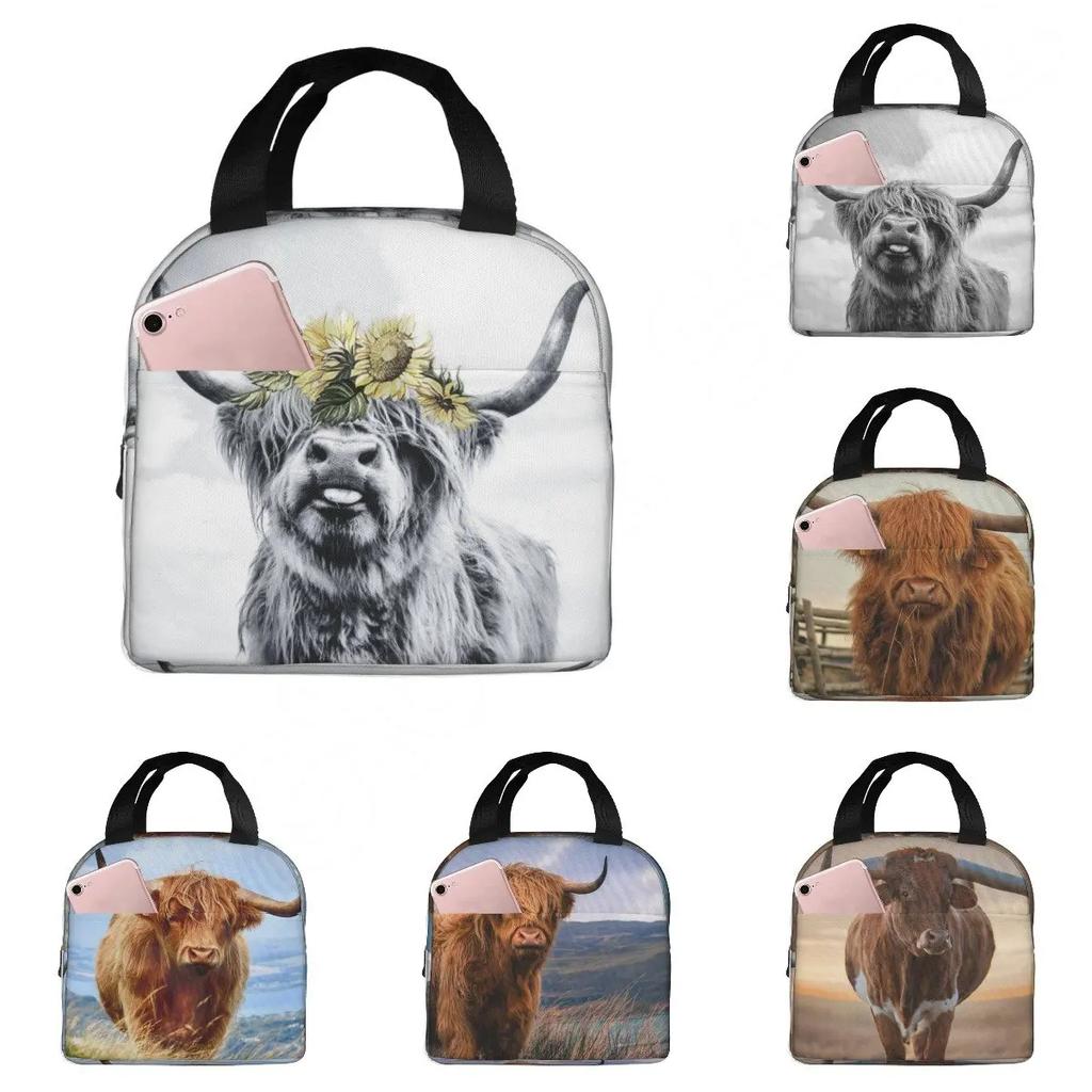 Горная корова смешной бык термосумка для обеда милый западный портрет дикой природы животных Bento сумки изолированный ланч-бокс для работы школы