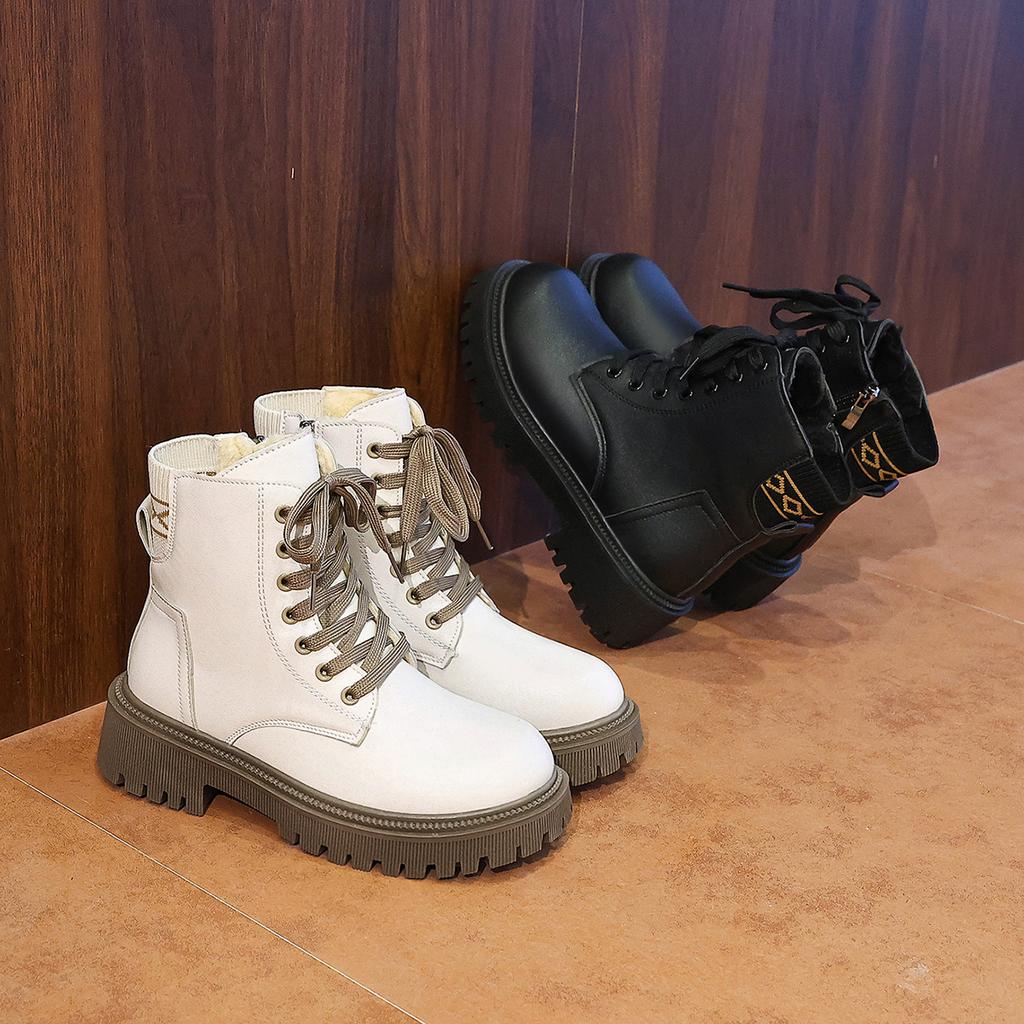 2025 New Thick Sole Women's Boots Large Size Women's Shoes Black Keep Warm Fleece Platform Lace-up Ankle Boots 4875