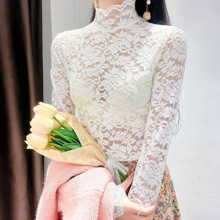 Hollow Lace Bottoming Shirt Slim Fit Long Short-sleeved T-shirt Women's Top Half Turtleneck Slim Fit