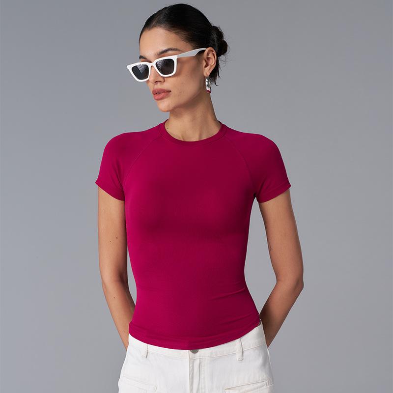 Women S Summer Yoga Top High Stretch Seamless Round Neck T Shirt For Running Workout Outdoor