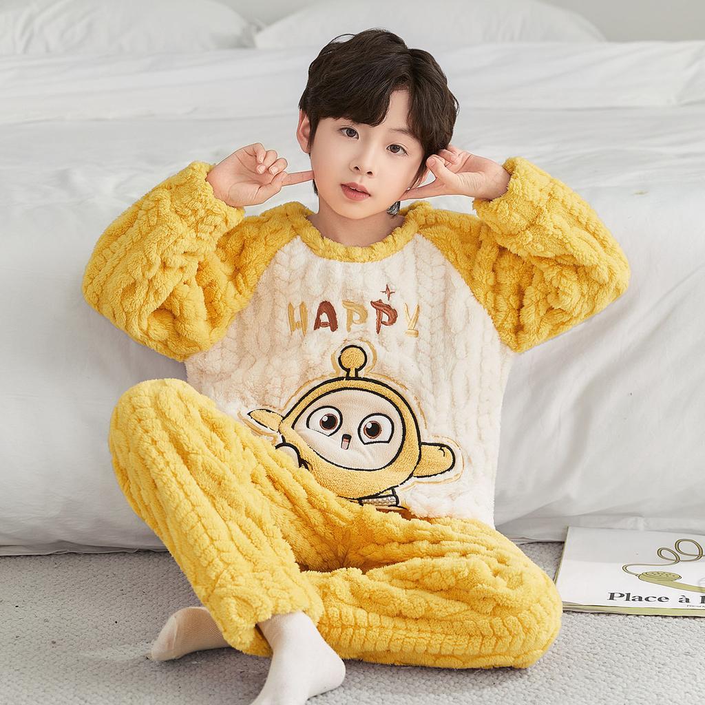 Kids Flannel Pajamas Set Boys Girls Warm Long Sleeve Top And Pants Sleepwear Winter Home Nightwear