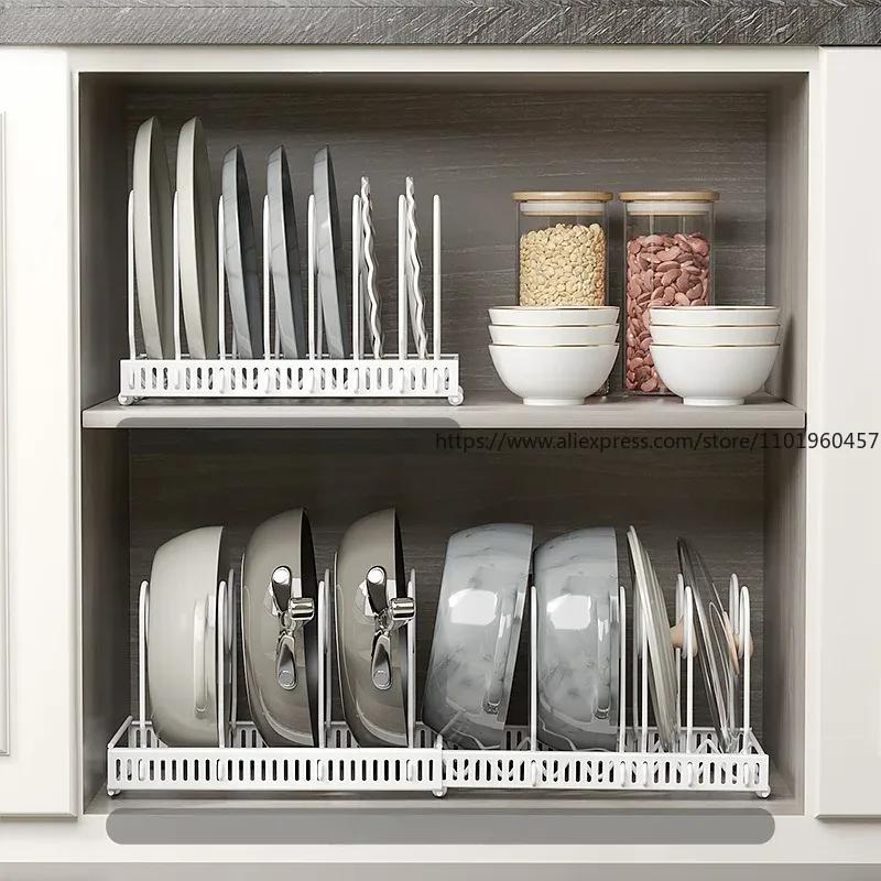 Cookware Storage Rack Pan Pot Storage Organizer Kitchen Accessories Adjustable Dish Bowl Drying Shelf Multi-Functional