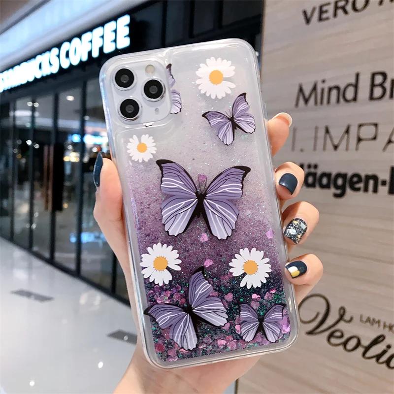 Pink Cherry Butterfly For Huawei Honor 200 Pro 100 90 80SE 70 60SE 50SE 30 Lite 30i 30s 20 Case Glitter Liquid Quicksand Cover