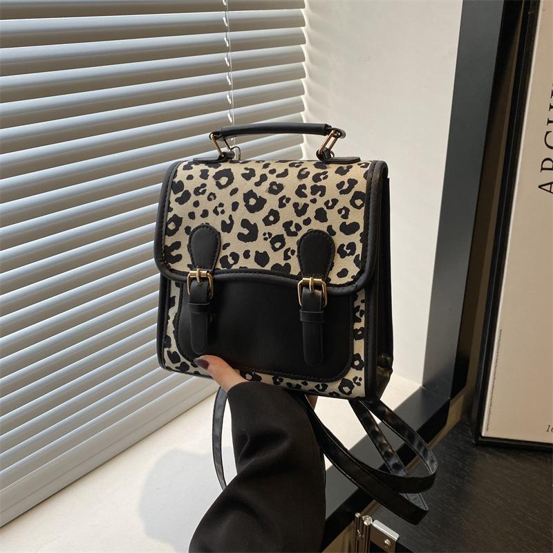 British Retro Leopard Print Backpack Bag Women's New Fashion Versatile Shoulder Messenger Bag High-end Portable Small Backpack