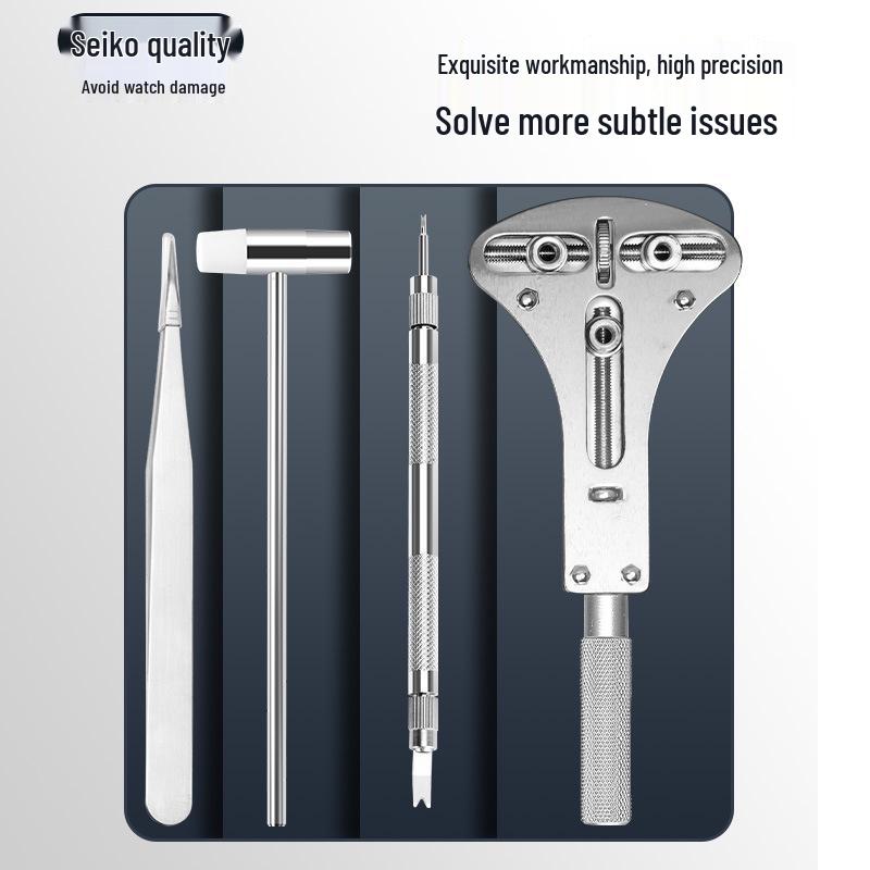 Набор инструментов для ремонта механических часов: снятие корпуса, ремешка, регулировка звеньев и замена батарейки.