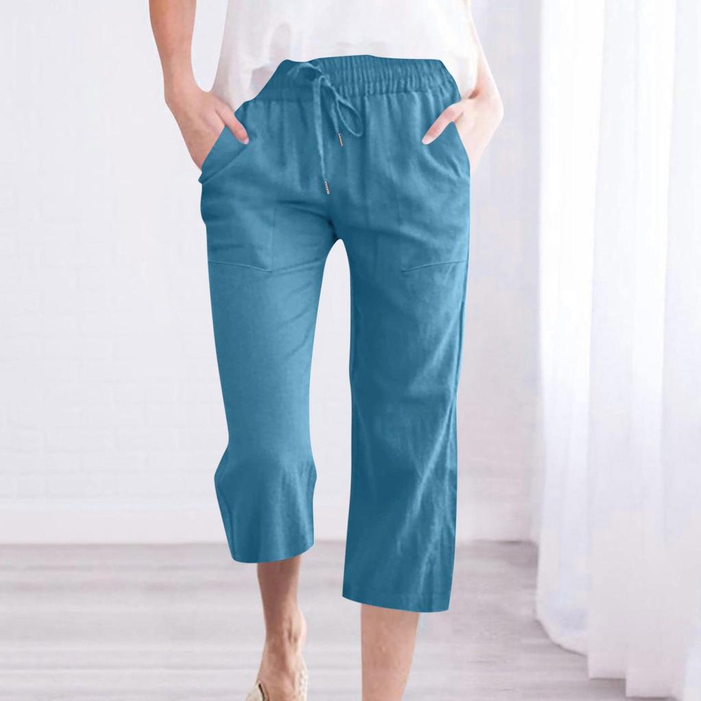 Fashion Women Fashion Casual Solid Color Drawstring Pocket Calf-Length Pants