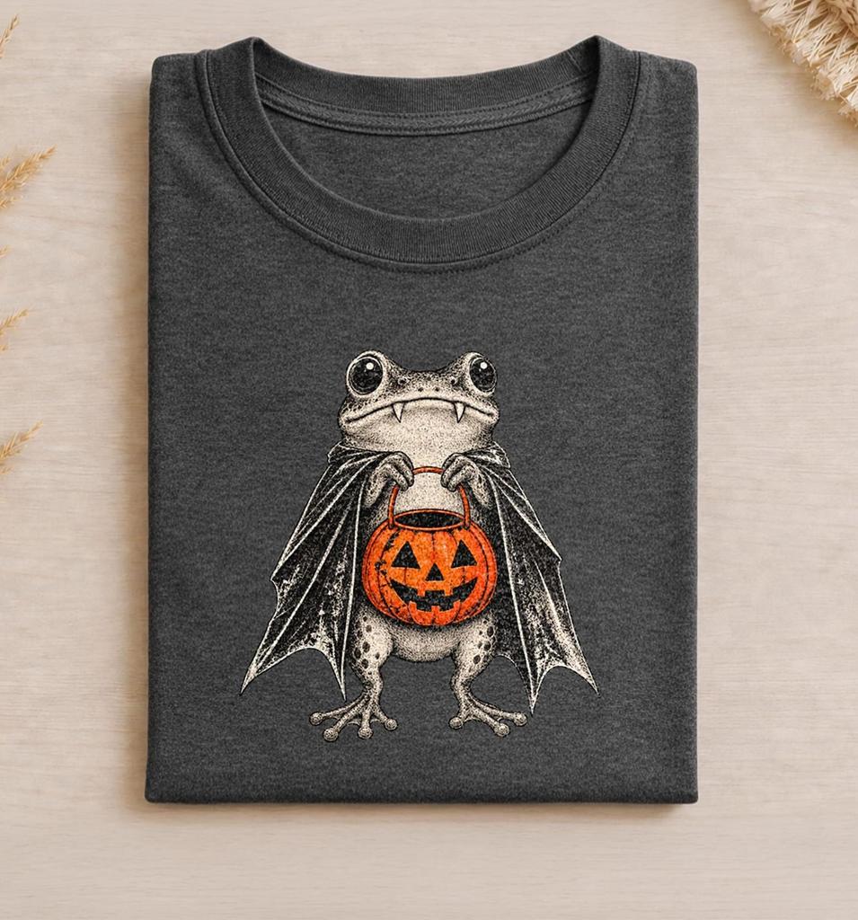 Vampire Frog Halloween Shirt, Cute Spooky Frog Tee with Pumpkin Trick or Treat Bucket