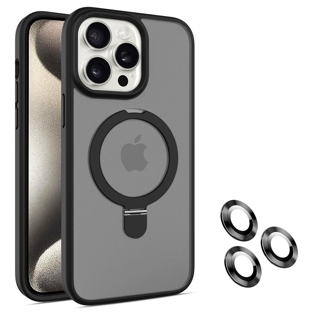 For iPhone 15 Pro Max Kickstand Case Glass Lens Protector Phone Cover Compatible with MagSafe